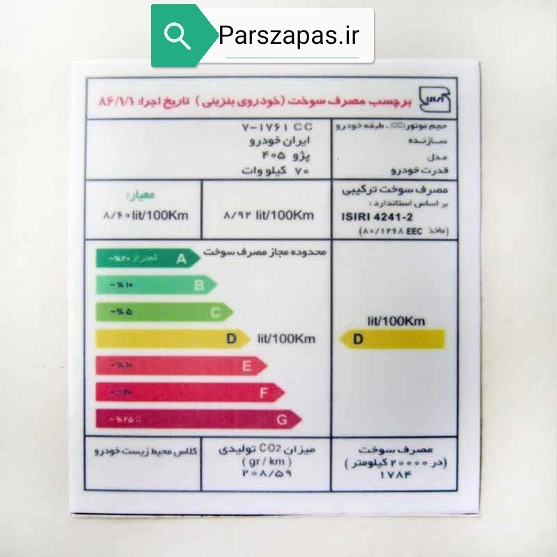 برچسب انرژی پژو 405 